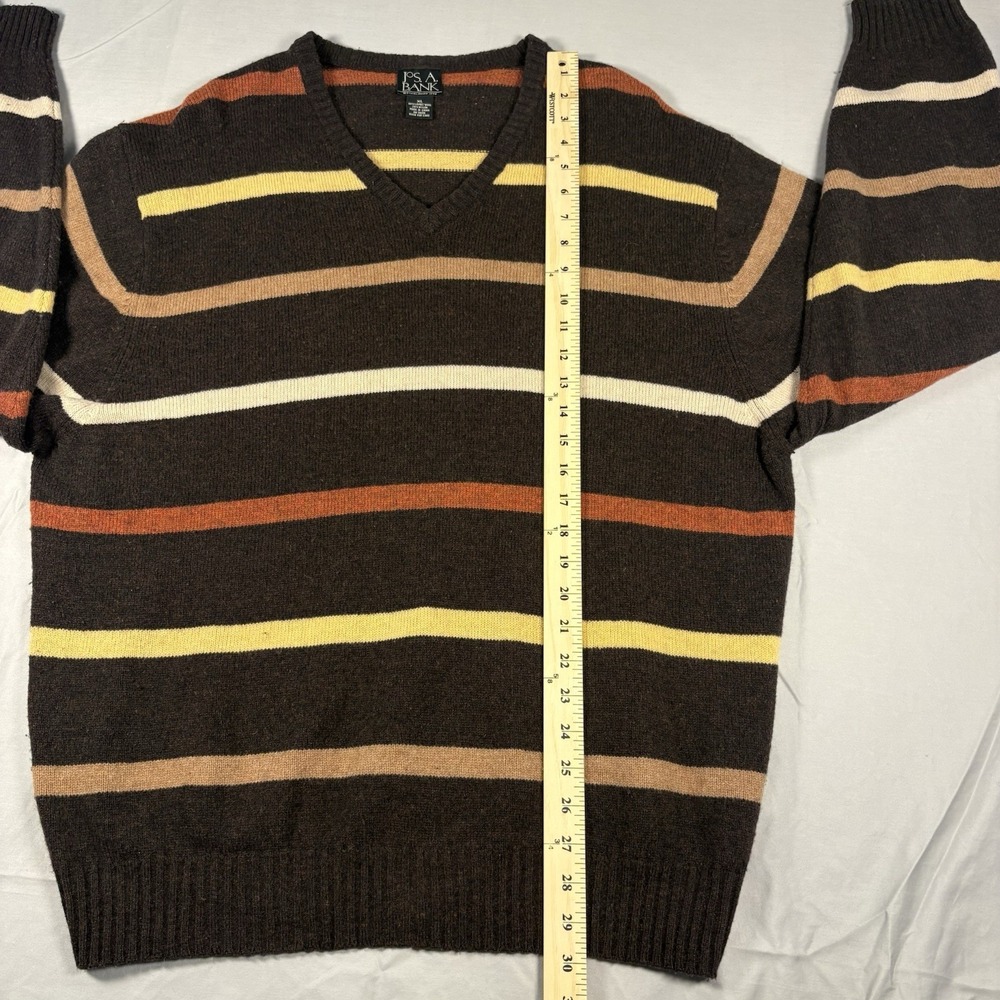 Jos A Bank 80% Lambswool Sweater Mens XL Brown Stripe V Neck Grandpa Core Preppy - Picture 7 of 8